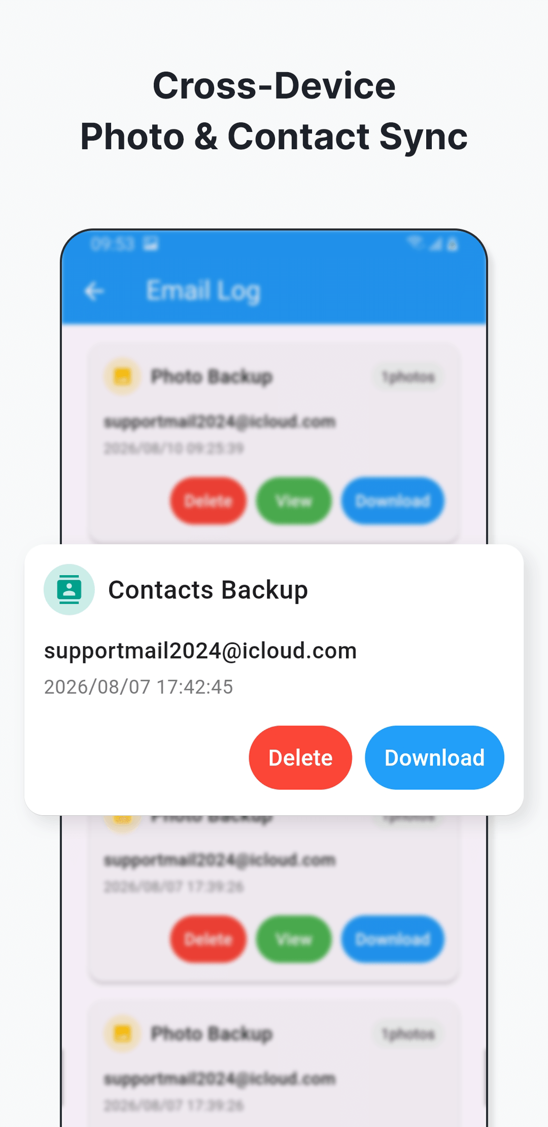 SecondDisk Email Log with photo and contact backup records