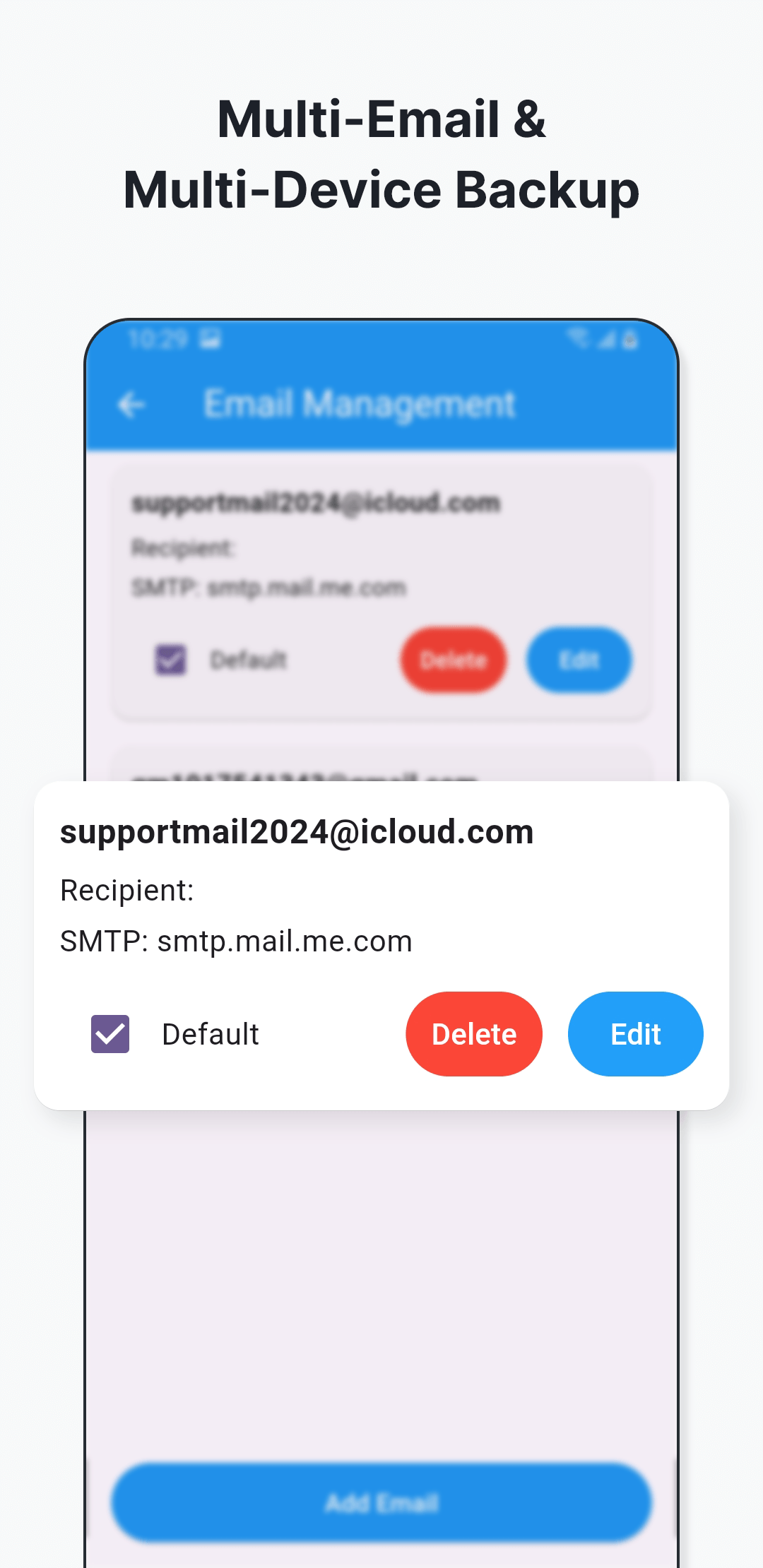 SecondDisk Email Management screen with a default account and account actions