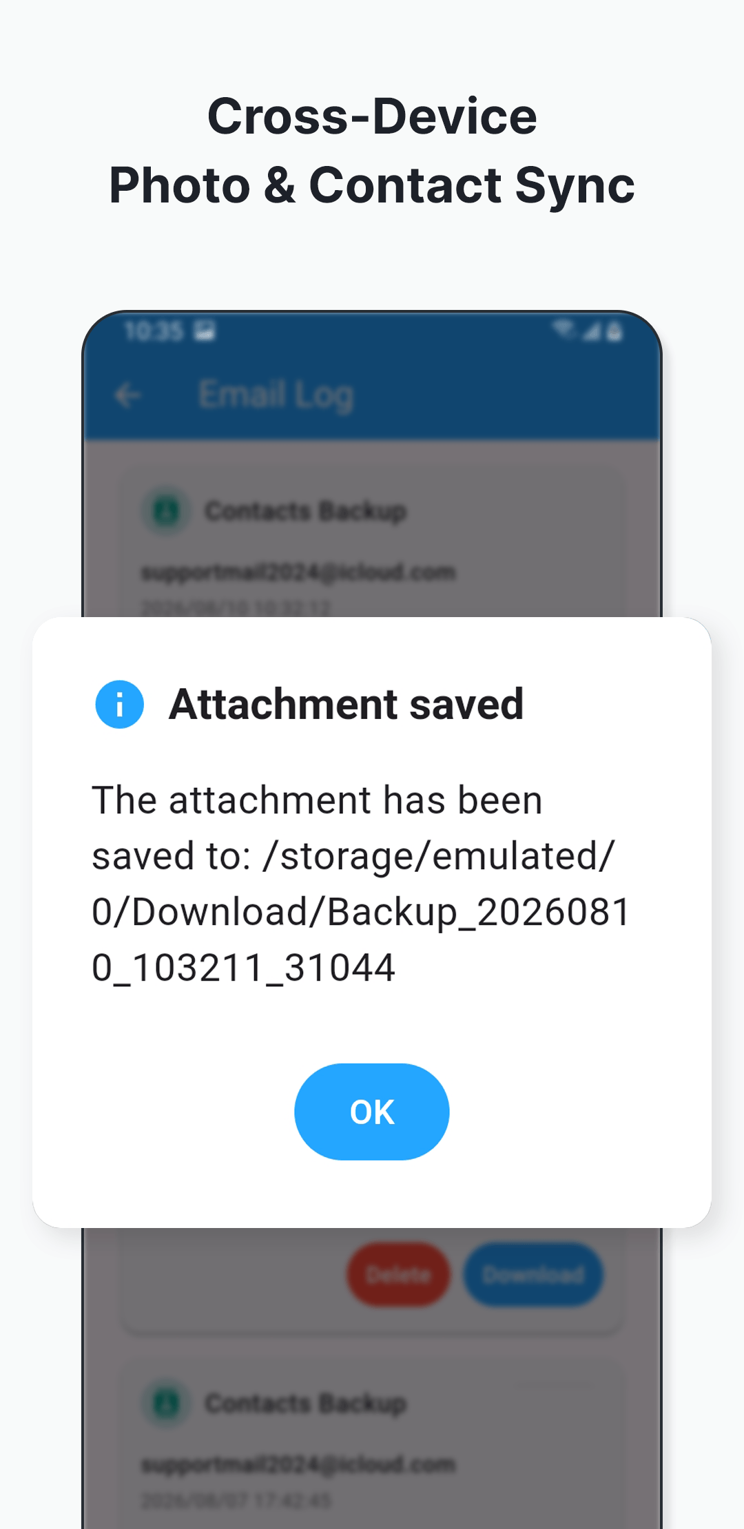 SecondDisk confirmation showing that a backup attachment was saved to Downloads
