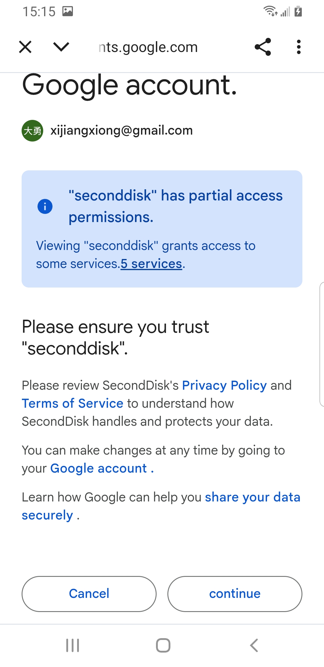 Google OAuth permission screen with continue button
