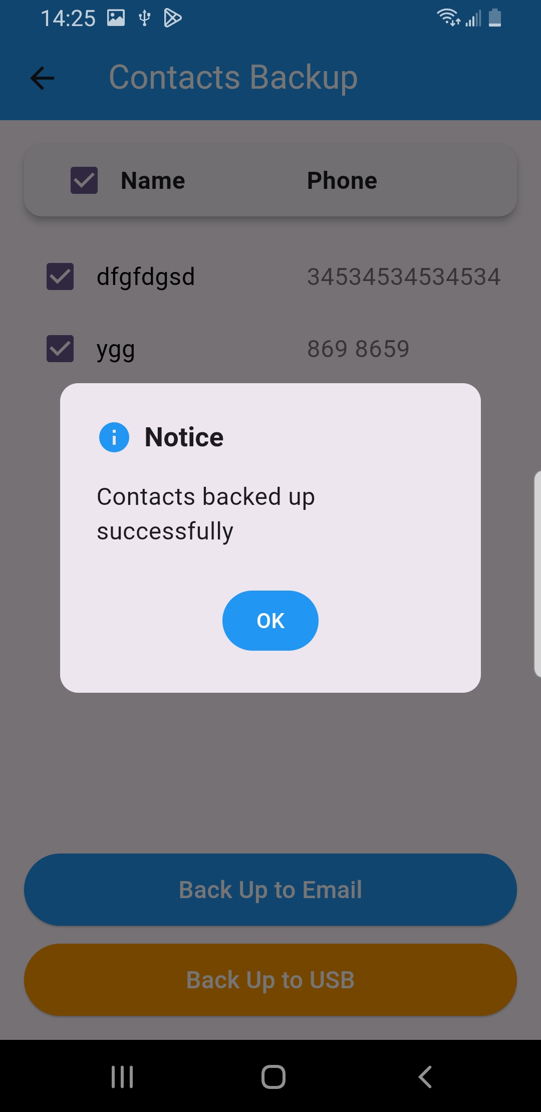 Contacts Backup screen selecting contacts to copy to a connected USB drive