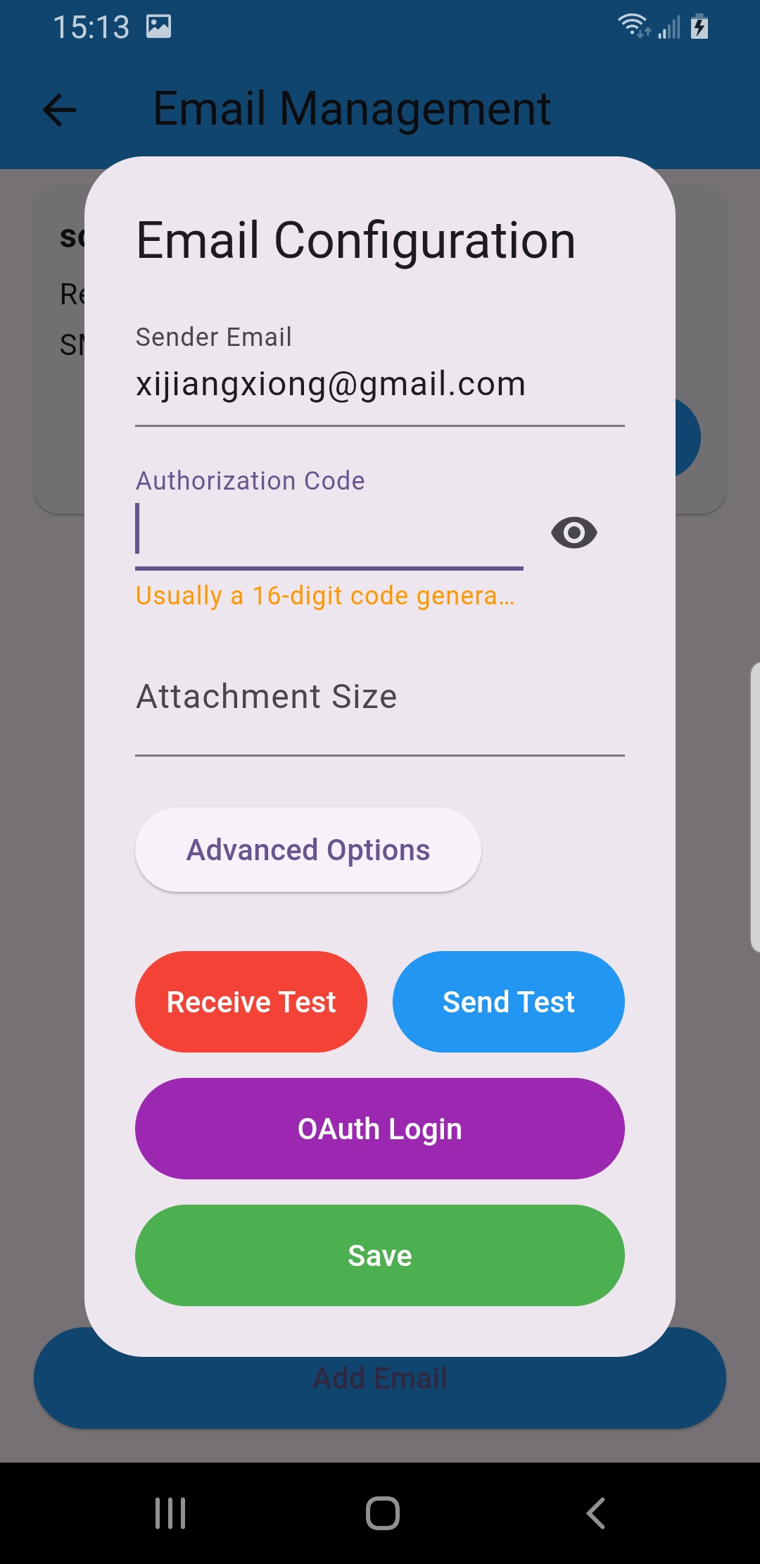 Email Configuration screen with OAuth Login button