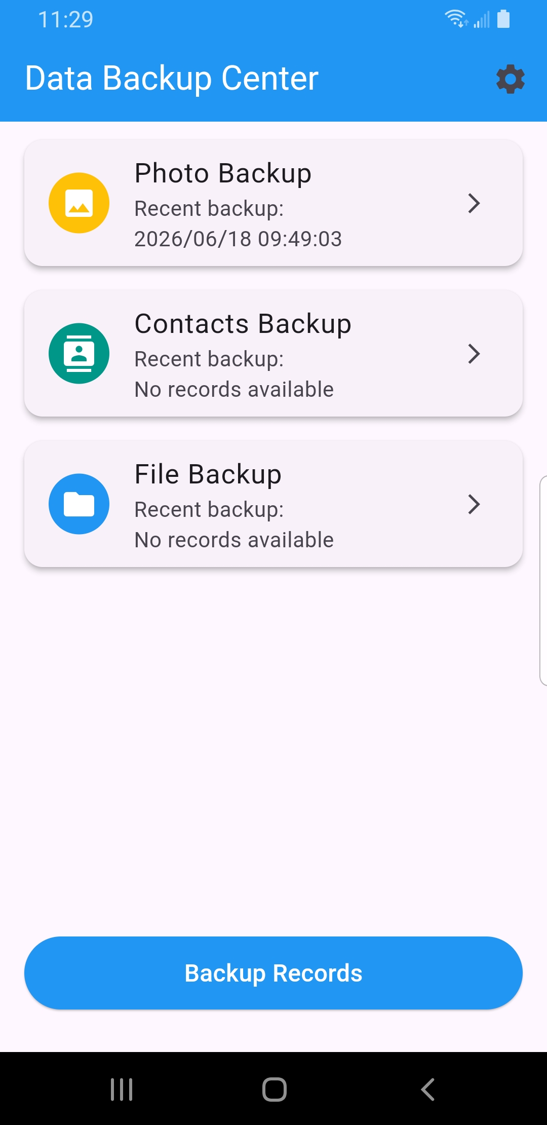 SecondDisk Data Backup Center home screen with Photo Backup, Contacts Backup, File Backup and Backup Records