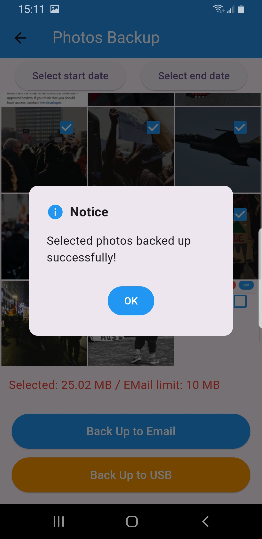 SecondDisk notice that selected photos backed up successfully