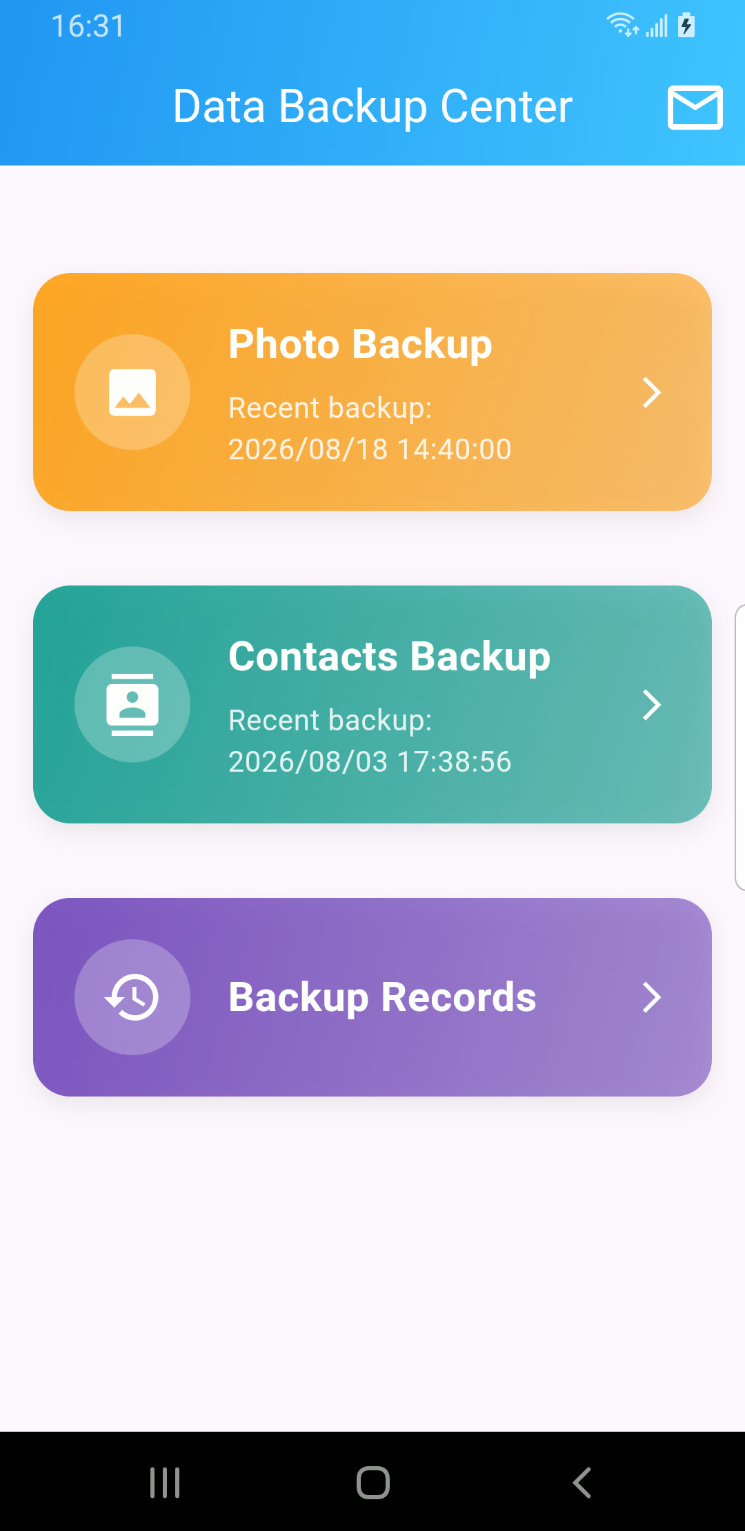 SecondDisk Data Backup Center home screen with Photo Backup, Contacts Backup and Backup Records