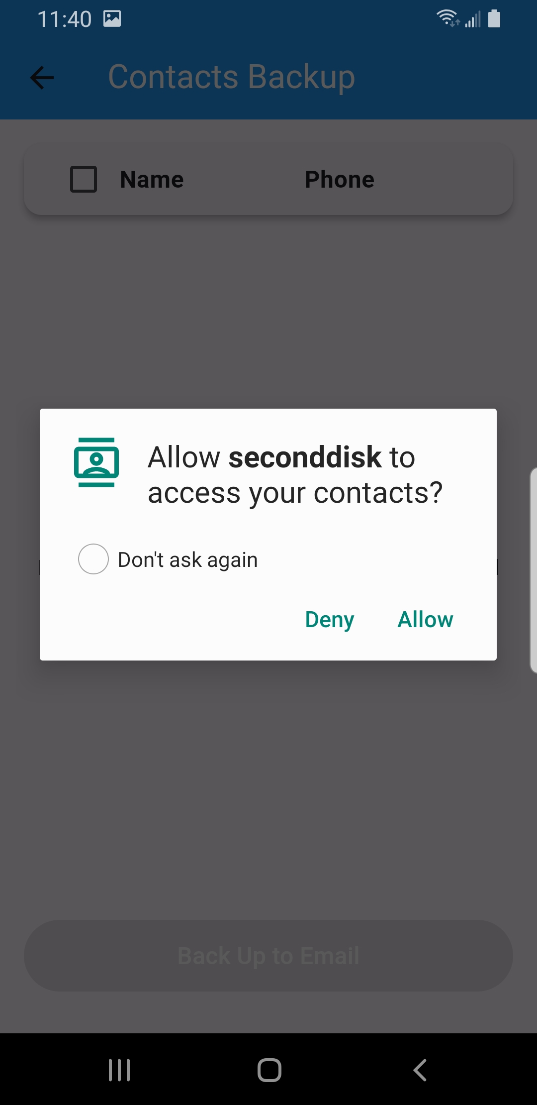 Android permission dialog allowing SecondDisk to access contacts