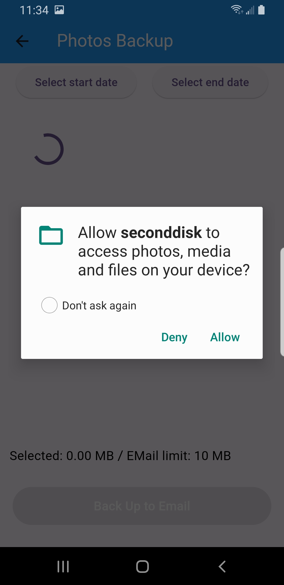 Android permission dialog allowing SecondDisk to access photos and media