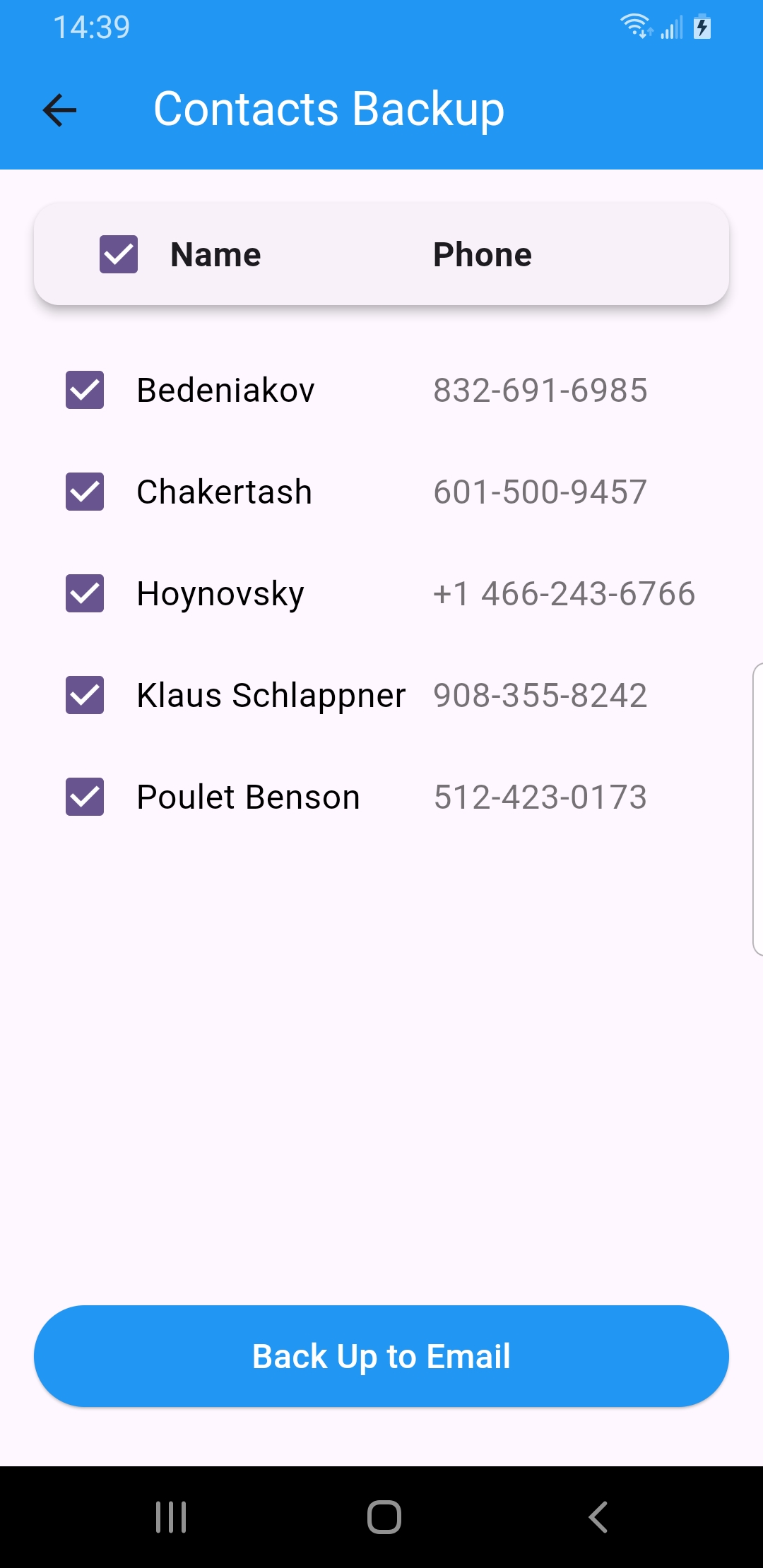 Contacts Backup screen selecting contacts to back up