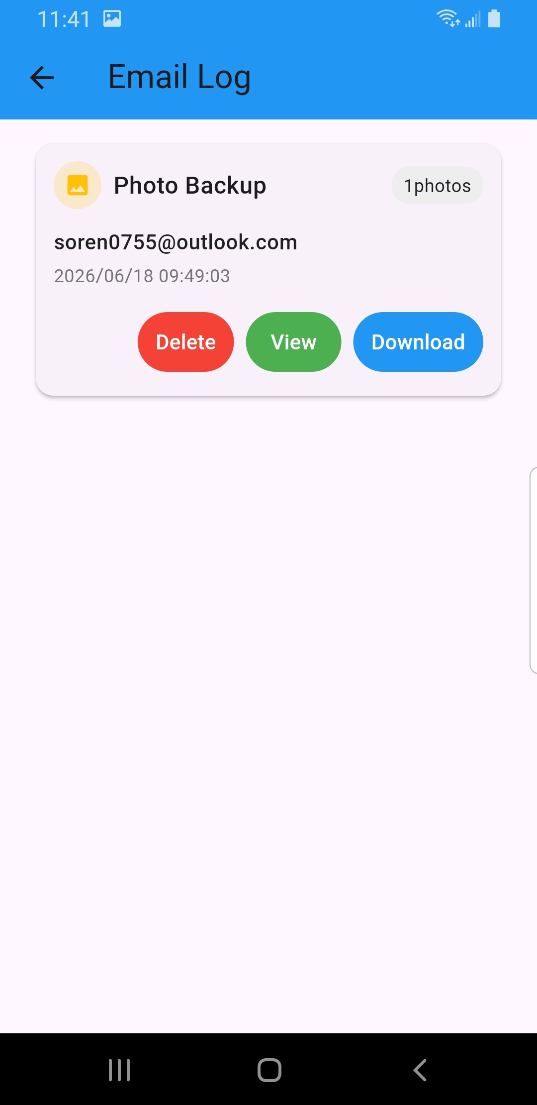 Email Log screen with View, Download and Delete actions for a backup record
