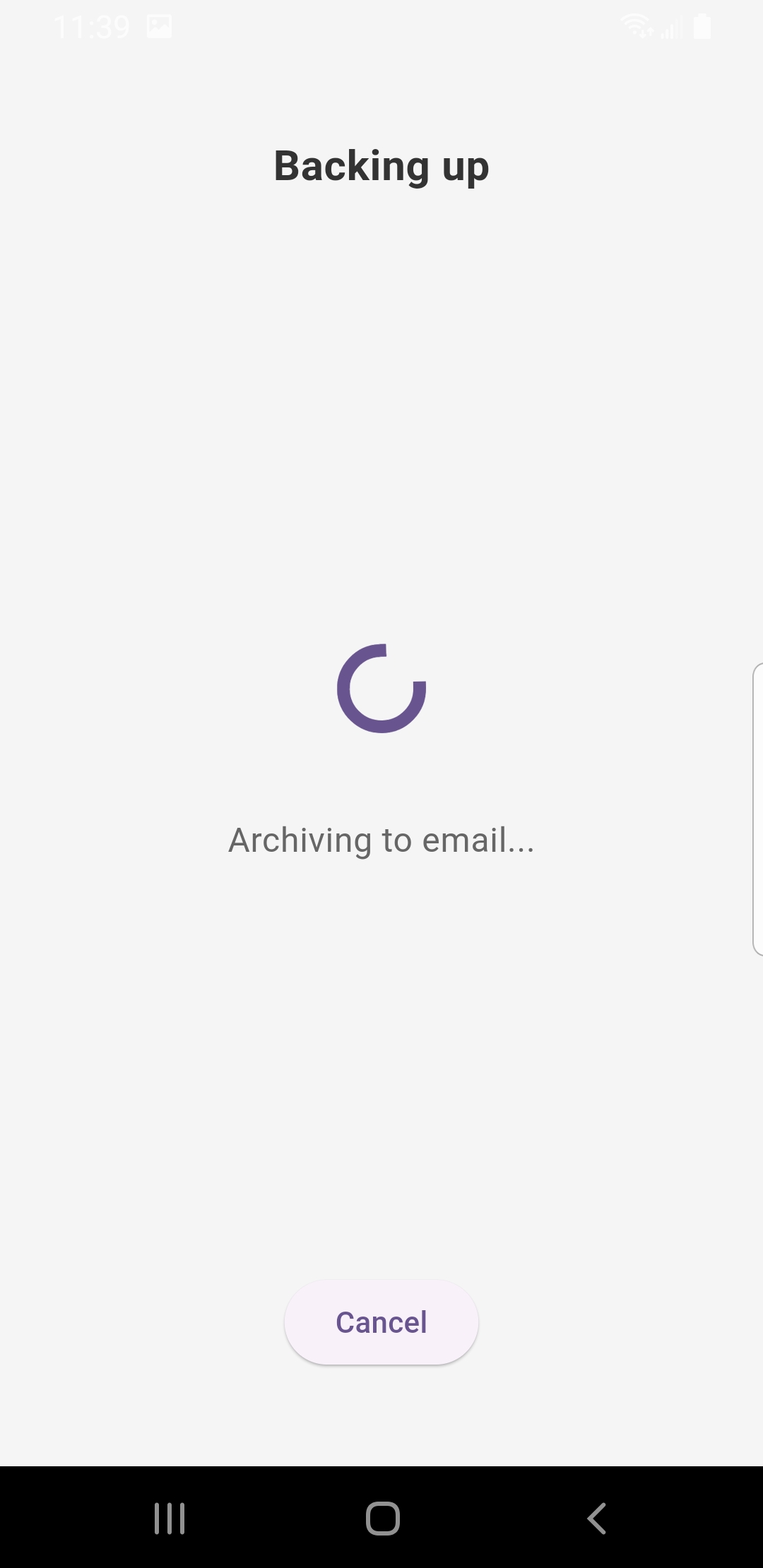 SecondDisk backup progress screen while archiving to email