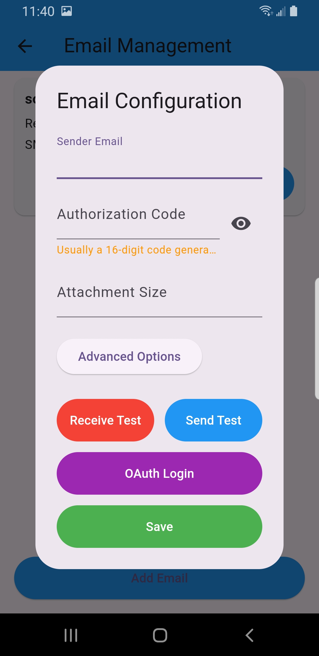 Email Configuration screen with Sender Email, Authorization Code and Save