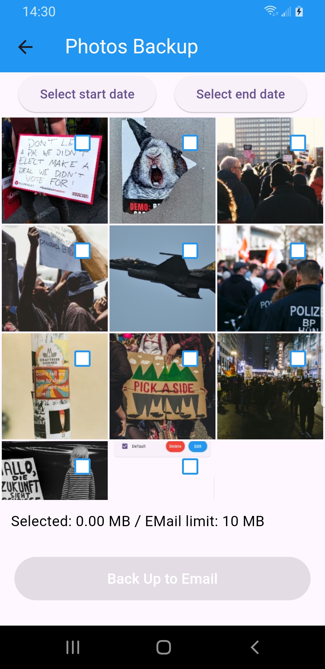 Photo Backup screen for selecting photos before backup