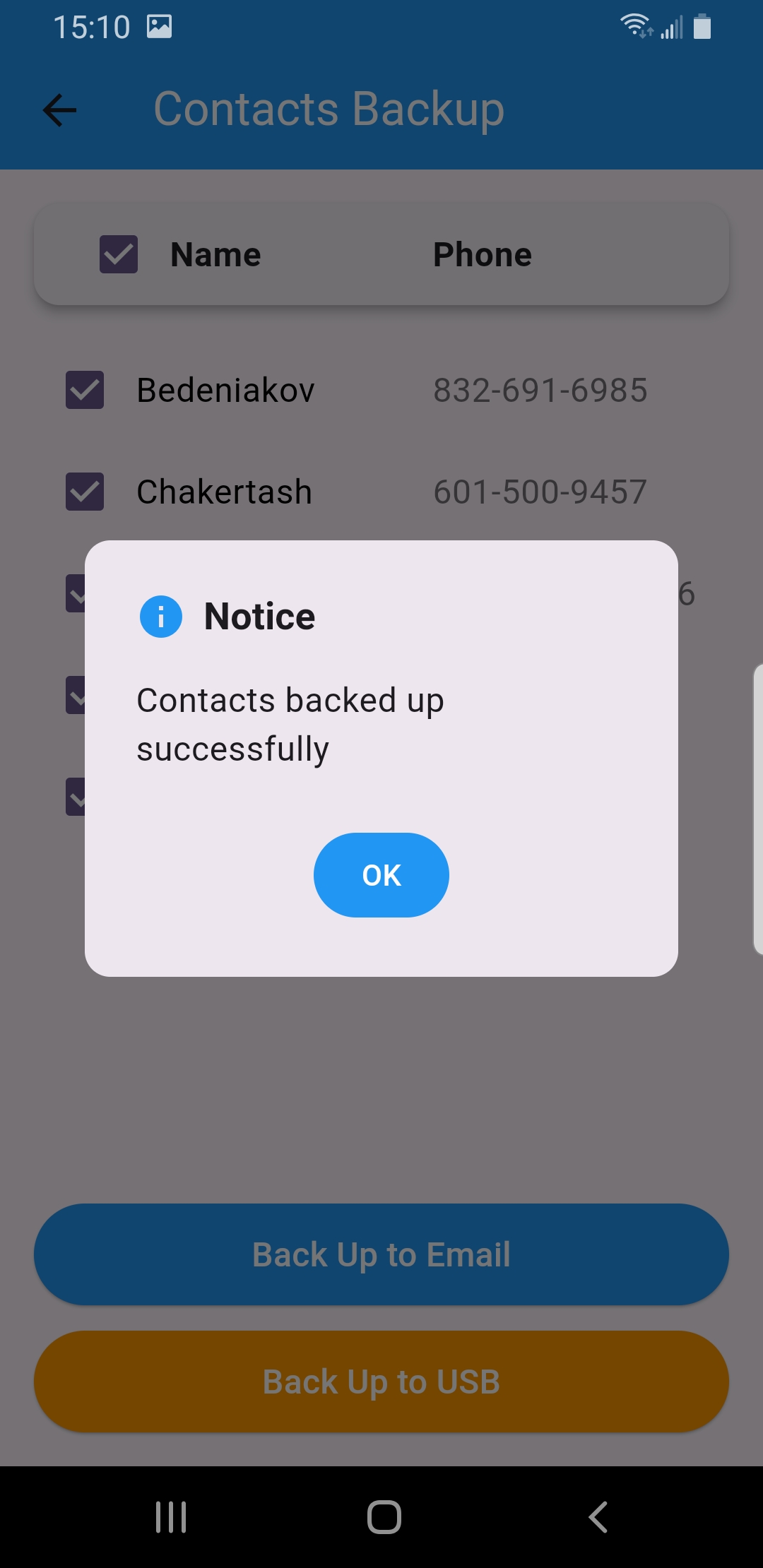 Contacts Backup screen selecting contacts to copy to a connected USB drive