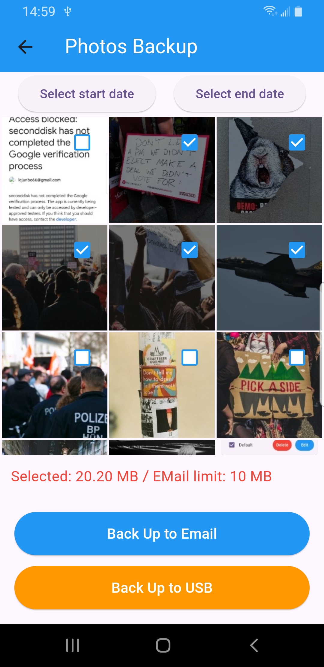 Photo Backup screen selecting photos to copy to a connected USB drive