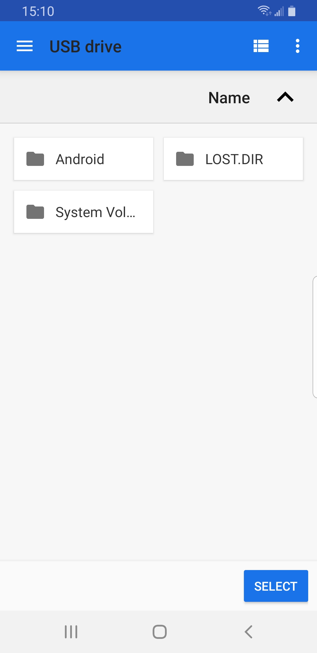 Android file picker showing a USB drive and Select button